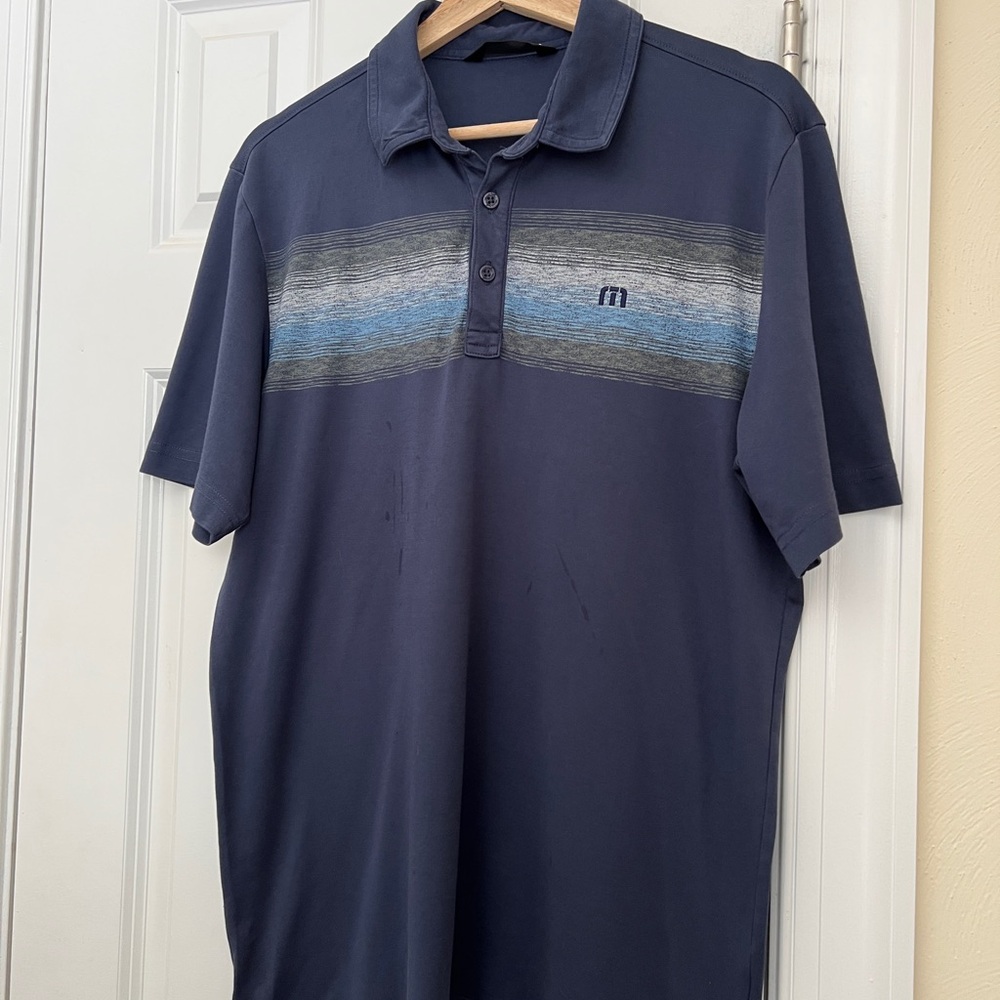 Travis Mathew Navy Blue Polo with Striped Chest Golf Performance Size Medium